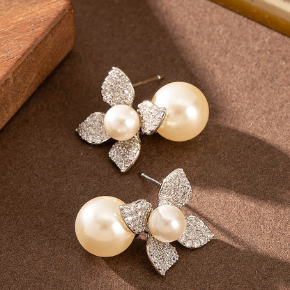 Elegant Pearl Floral Stud Earrings With Crystals