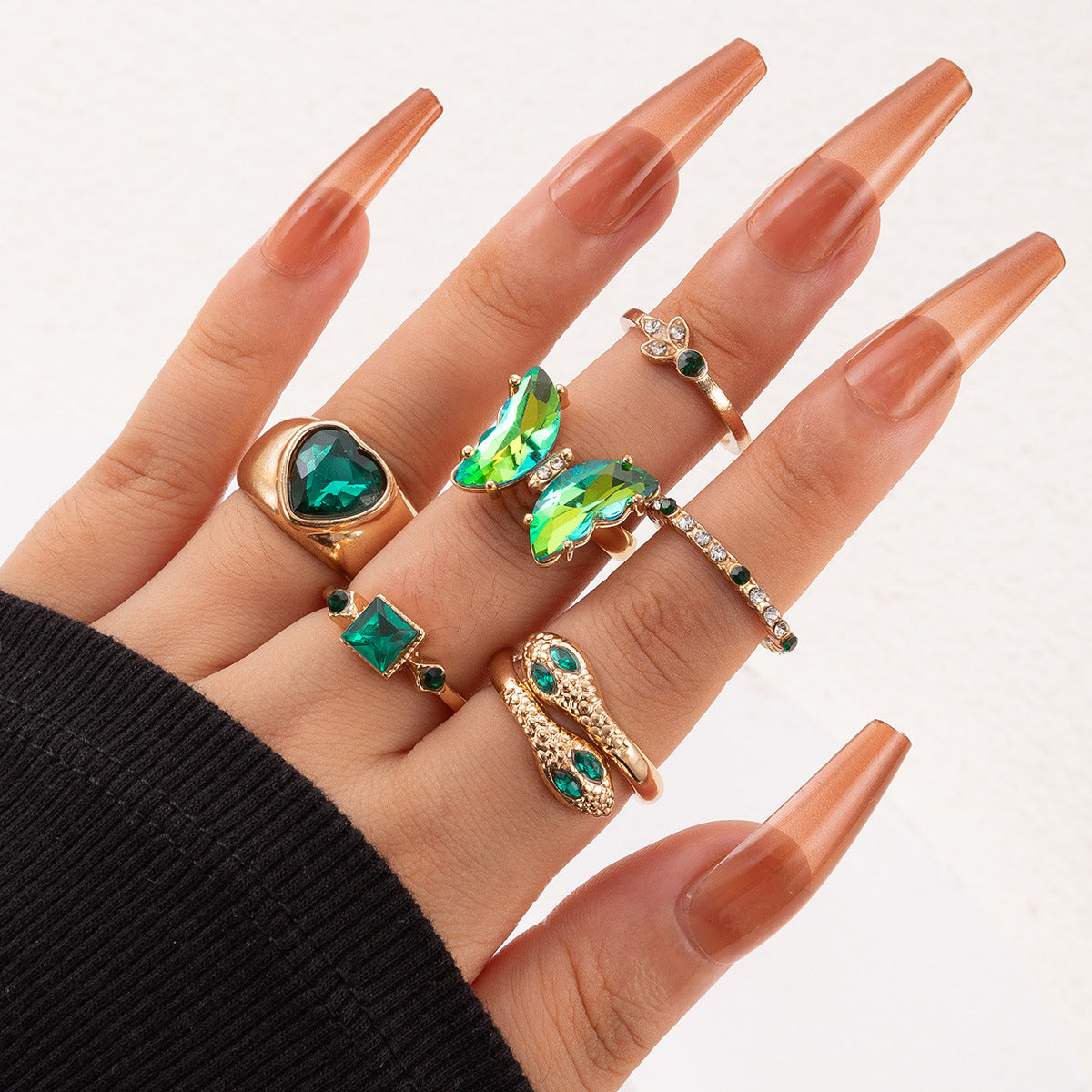 Heart Gemstone Ring Geometric Alloy Ring Set
