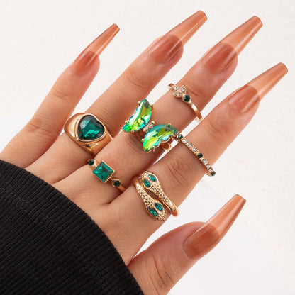 Heart Gemstone Ring Geometric Alloy Ring Set