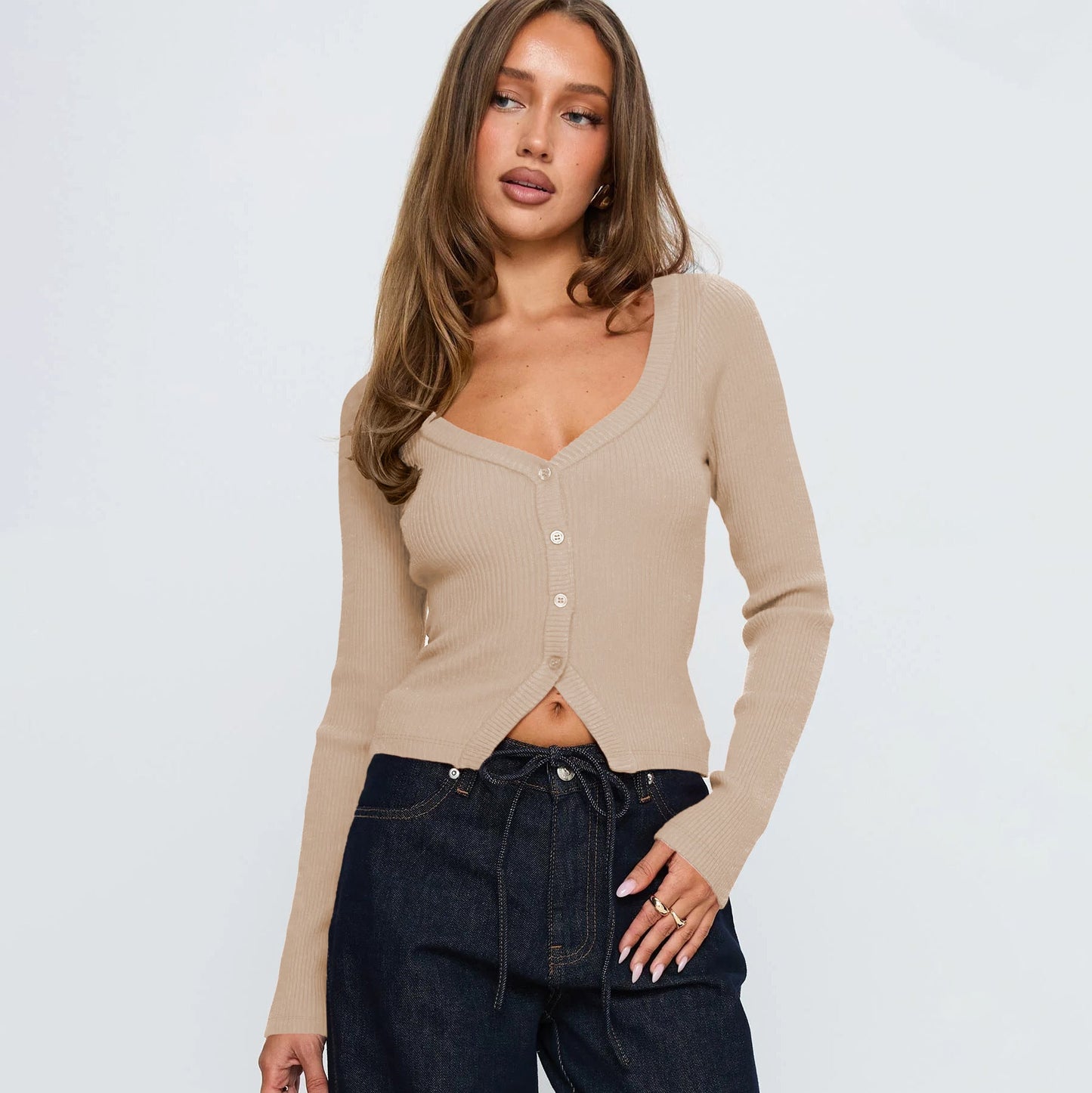 V-Neck Long Sleeve Cardigan Cozy Casual Top