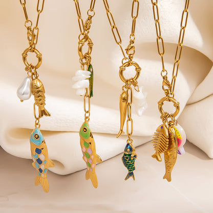 Stylish Fish Pendant Stainless Steel Necklace with 18K Gold Plating