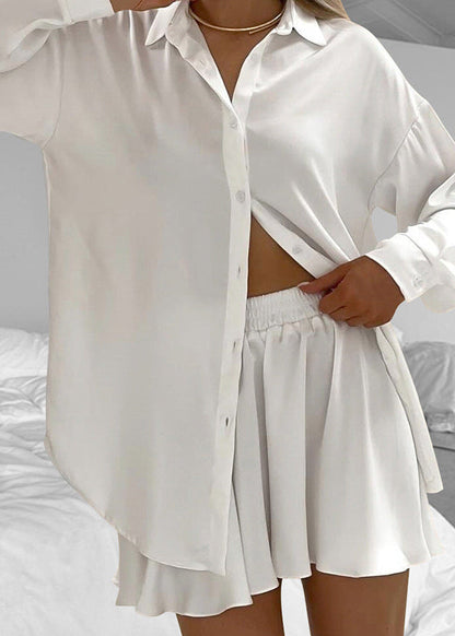 Two Piece Satin Lounge Set With Classic Collar