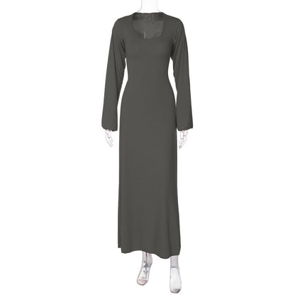 Trendy Casual U-Neck Long Sleeve Dress with Back Tie