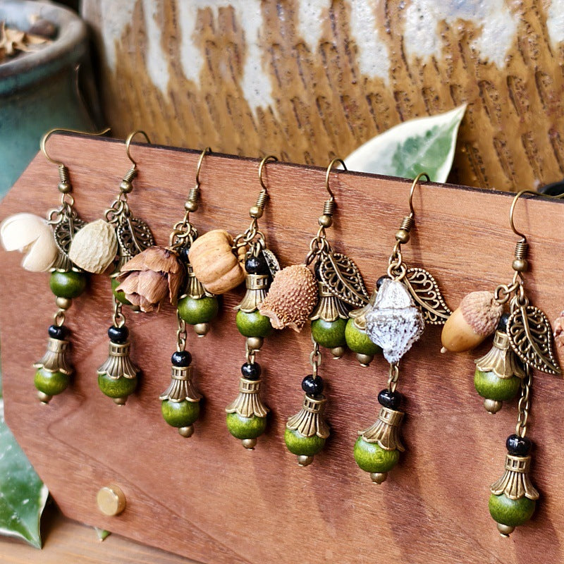 Bohemian Floral-Inspired Alloy Earrings with Unique Wood Bead Design