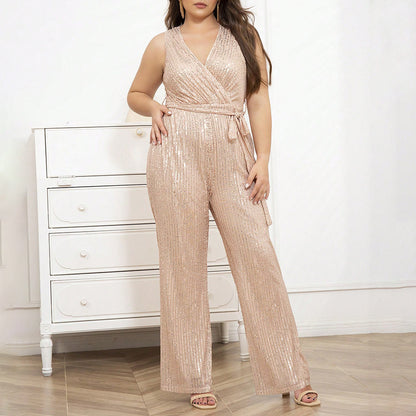 Plus Size Sequin V-Neck Jumpsuit Elegant Casual Wear