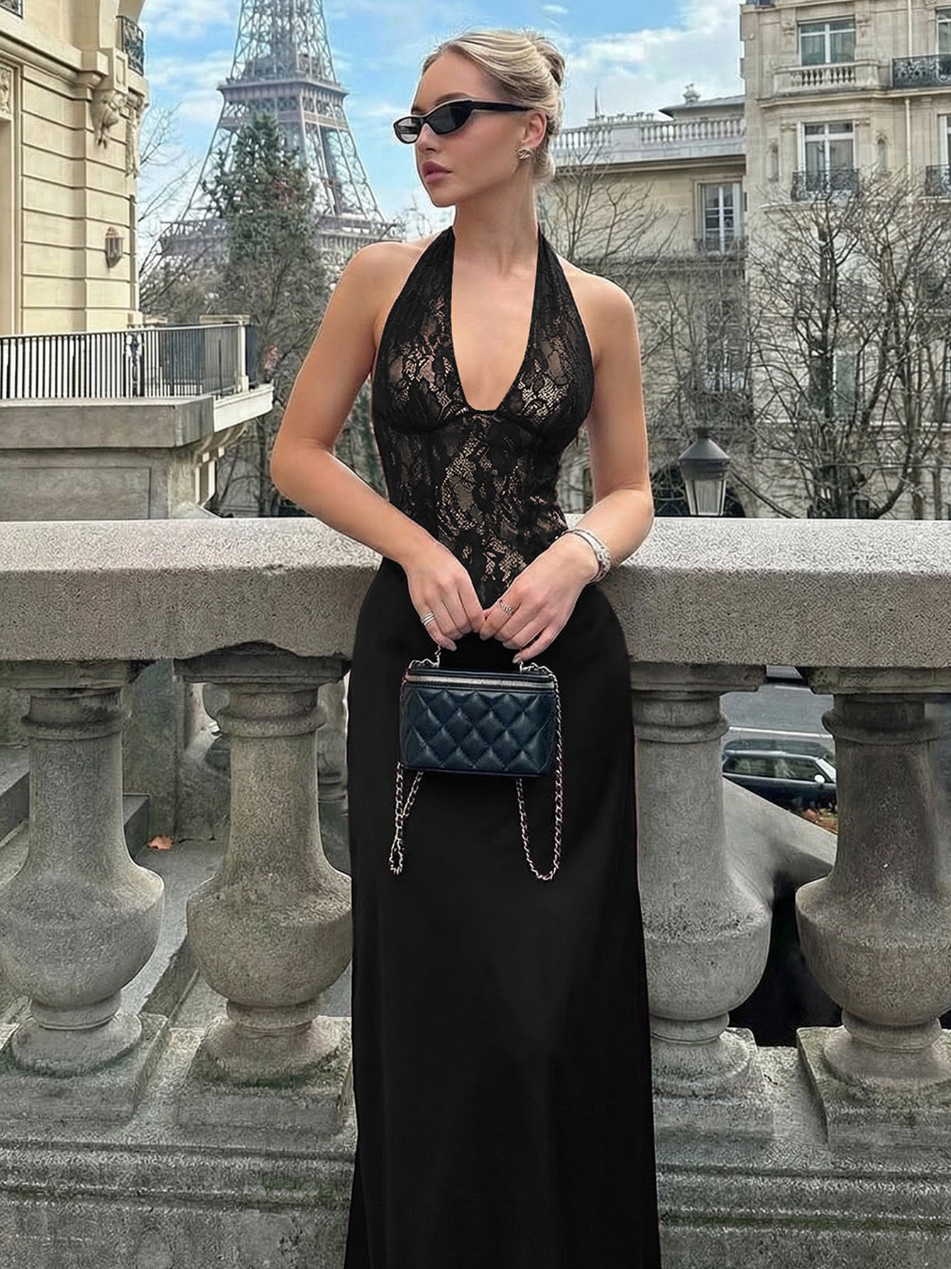 Backless Lace-Trimmed Deep V Neck Dress