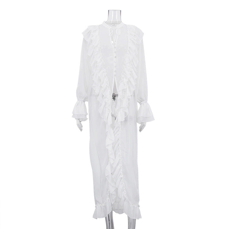 Chiffon Ruffled Midi Dress Slim Fit Long Sleeve Casual Dress