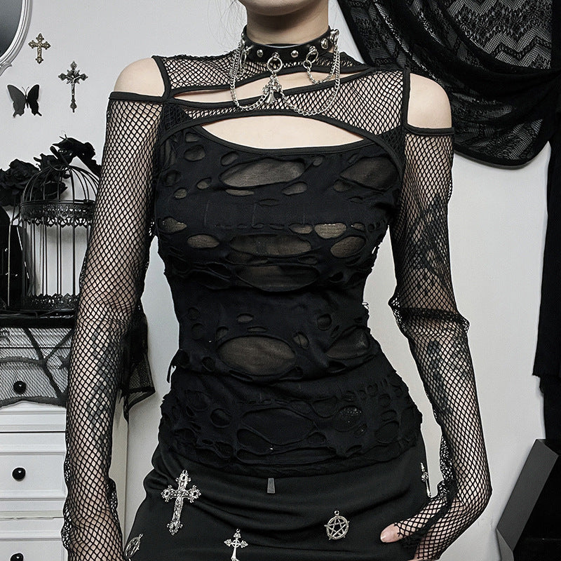 Edgy Black Mesh Cutout Long Sleeve Top