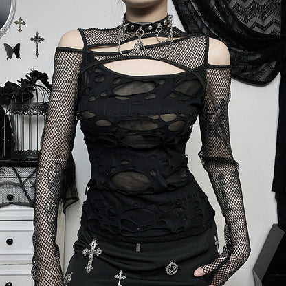 Edgy Black Mesh Cutout Long Sleeve Top