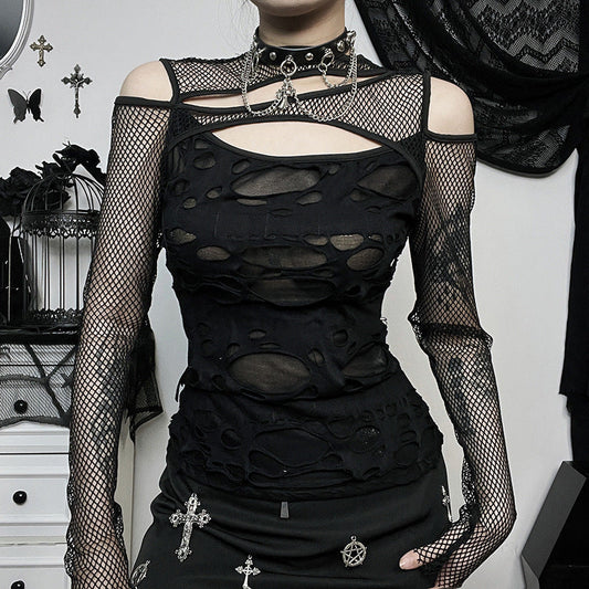 Edgy Black Mesh Cutout Long Sleeve Top