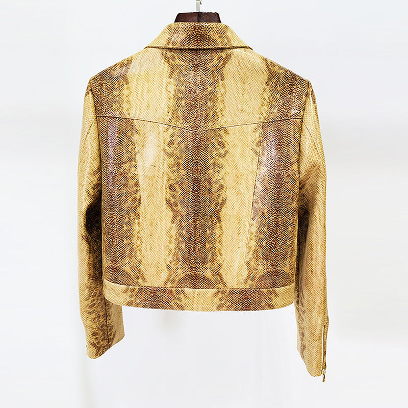 Snake Skin Pattern Faux Leather Jacket & Flared Pants Set