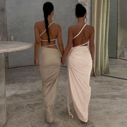 Trendy One-Shoulder Lace-Up Backless Maxi Dress