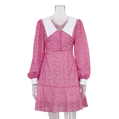 Elegant Doll Collar Long Sleeve A-Line Dress With Animal Print