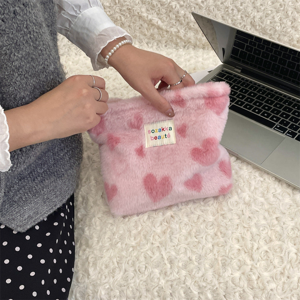 Polka Dot Plushed Large Capacity Make Up Bag