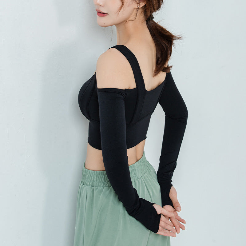 Tight All-In-One Yoga Suit Long-Sleeved Off-The-Shoulder Sports Top Women'S Gym Running T-Shirt