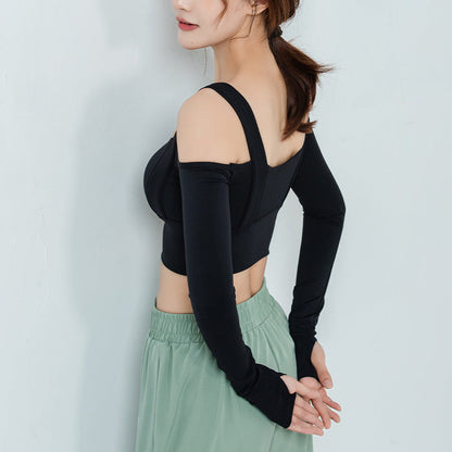 Tight All-In-One Yoga Suit Long-Sleeved Off-The-Shoulder Sports Top Women'S Gym Running T-Shirt
