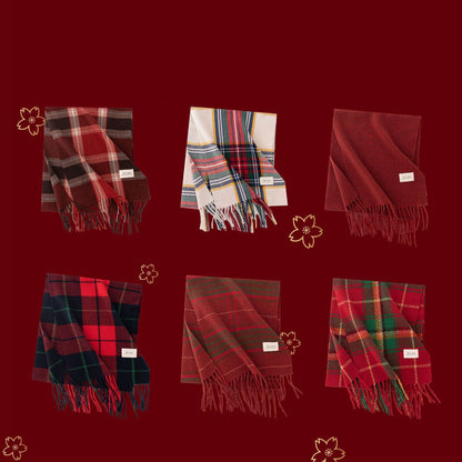 Retro Soft Wool Checkered Fringed Winter Scarf