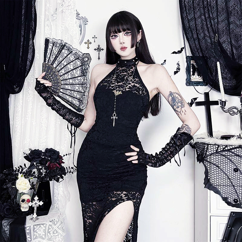 Black Lace Halter Maxi Dress Sexy Streetwear
