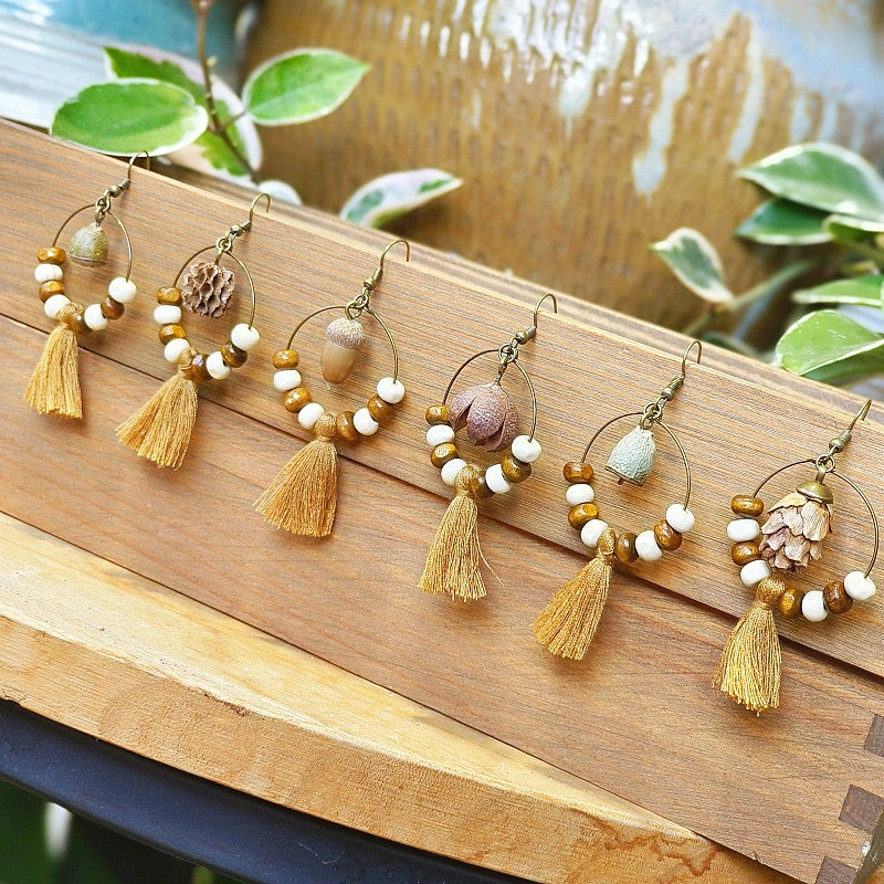 Bohemian Fringe Retro Style Earrings with Wooden Beads