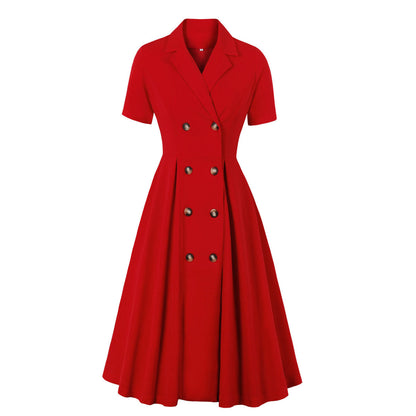 Red Polo Collar Midi Dress Elegant Office Wear