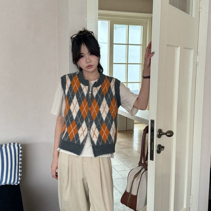 Diamond Knit Vest Cardigan Lightweight Polyester