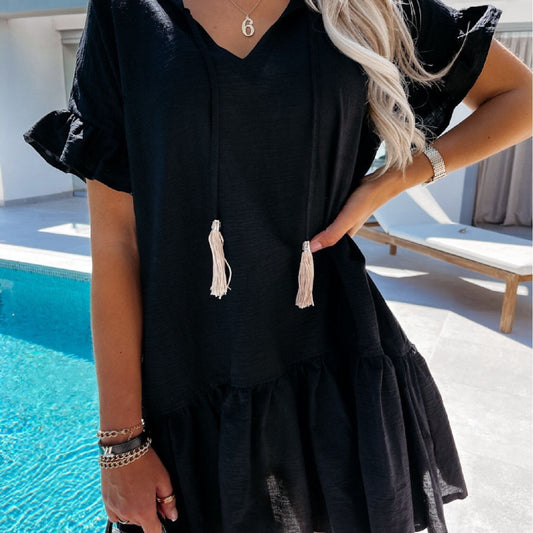 V-Neck Short Sleeve Loose Thin Pleated Dress