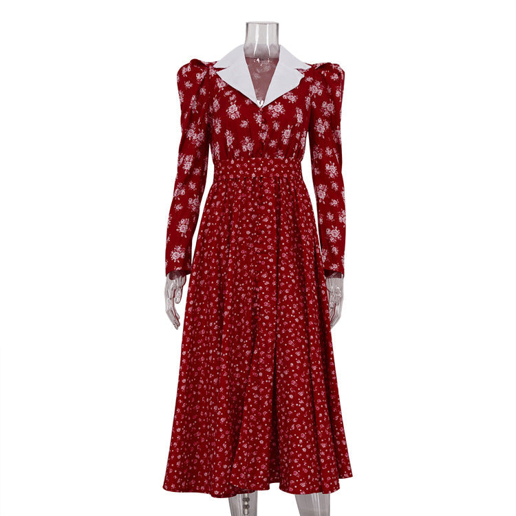 Color Block French Design A-Line Dress Elegant Floral Long Sleeve