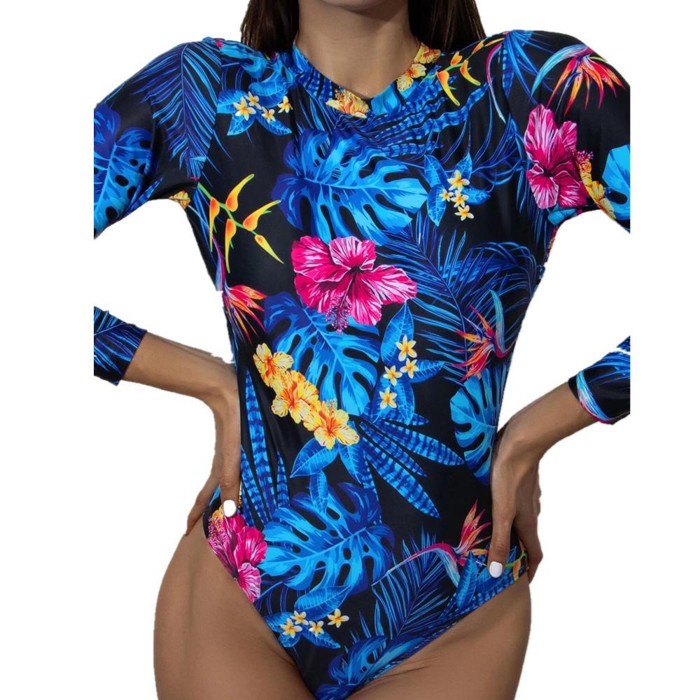 Long-Sleeved One-Piece Swimsuit Women Print Open Back Tight Sexy Swimsuit