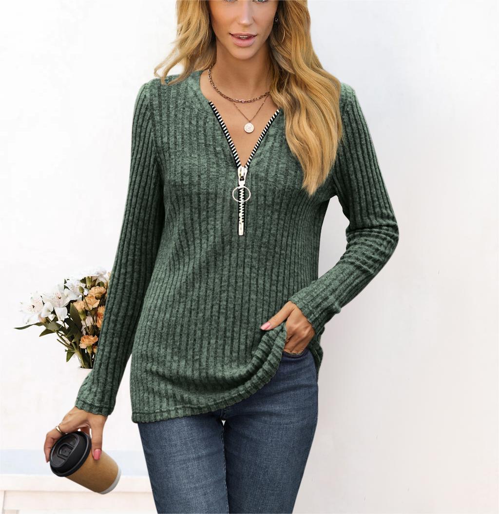 Autumn/Winter New Women'S Wear Chest Zipper Pleated Casual Long Sleeve T-Shirt Top