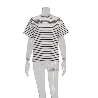 Round Neck Striped Loose Short Sleeves Top