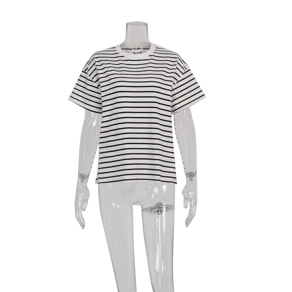 Round Neck Striped Loose Short Sleeves Top