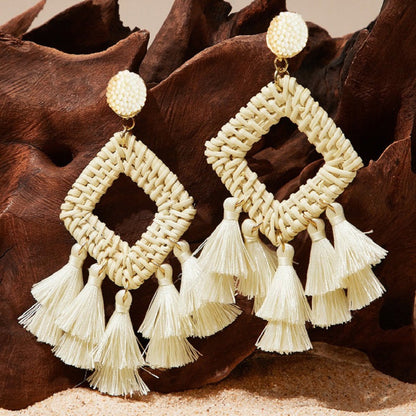 New Vintage Rattan Tassel Earrings Earrings Bohemian Handmade Raffia Earrings