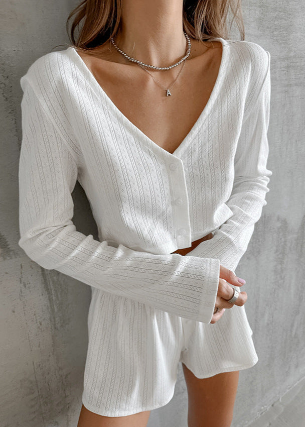 Ribbed Cotton Lounge Set Cropped Button Up