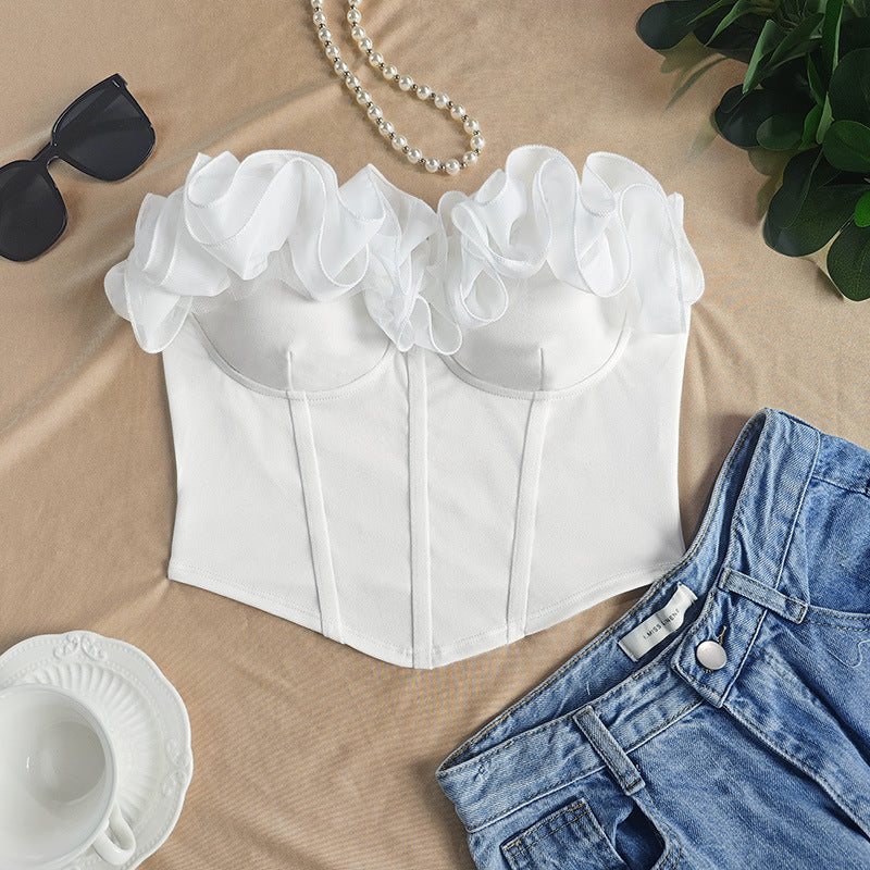 Sweet White Petal Trim Bustier Top For Stylish Occasions