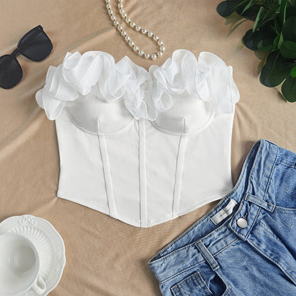 Sweet White Petal Trim Bustier Top For Stylish Occasions
