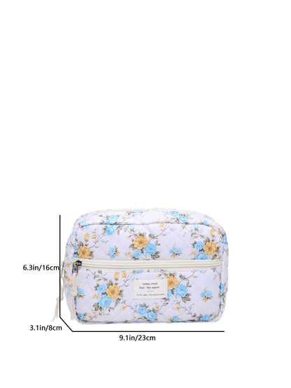 Flower Print Large Capacity Quilted Makeup Bag
