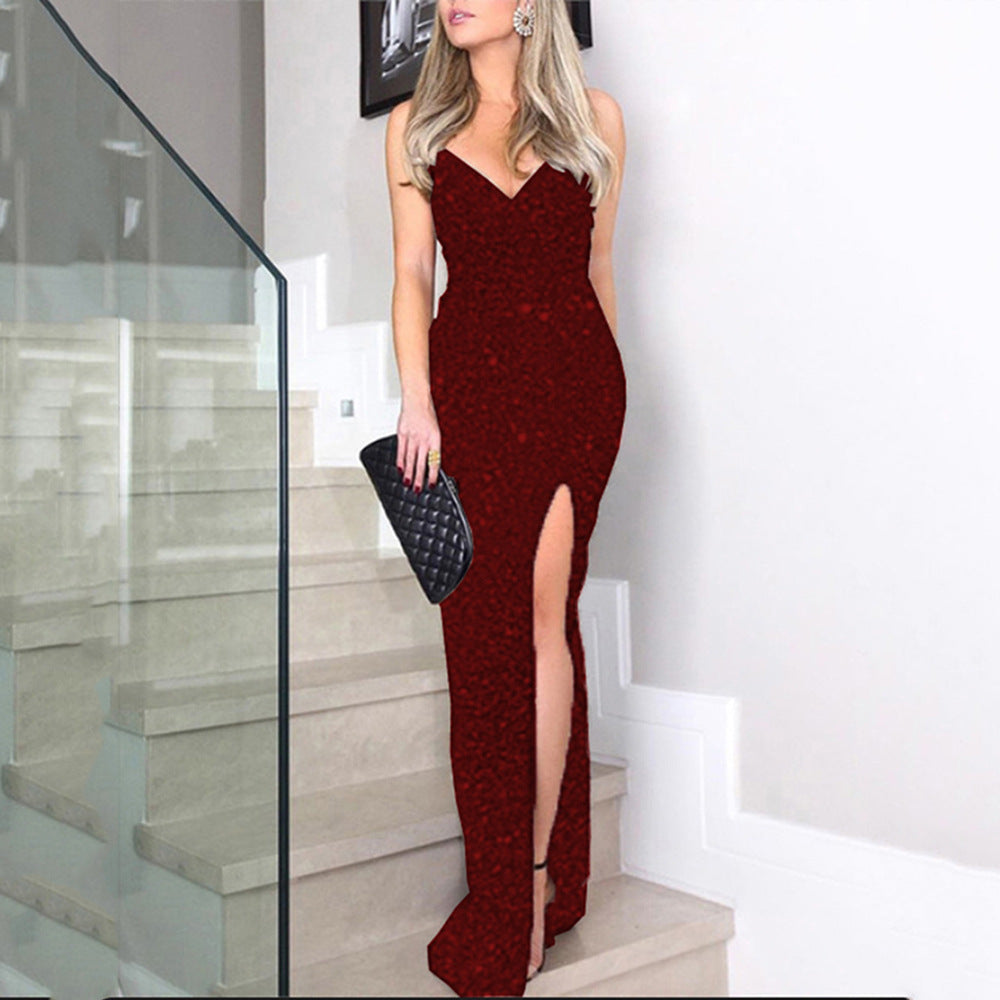 Sexy V-Neck Sequined Maxi Dress Evening Gown