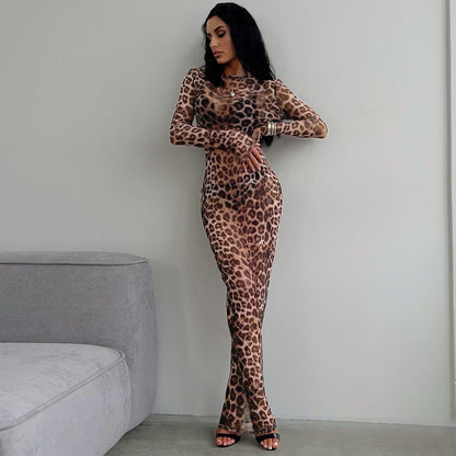 Sensual Animal Print Mesh Dress Slim Fit Long Sleeve
