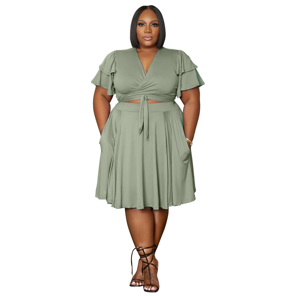 Ruffled Sleeve Tie Waist Dress Set V-Neck A-Line Dress