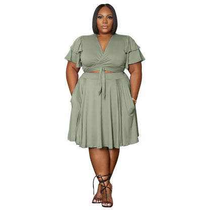 Ruffled Sleeve Tie Waist Dress Set V-Neck A-Line Dress
