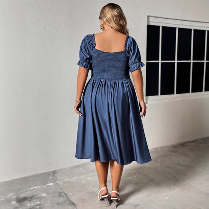 Elegant Blue Maxi Dress with V-Neck for Plus Size Women