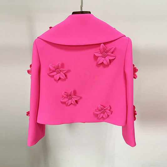 Fluorescent Pink Floral Embroidered Short Blazer