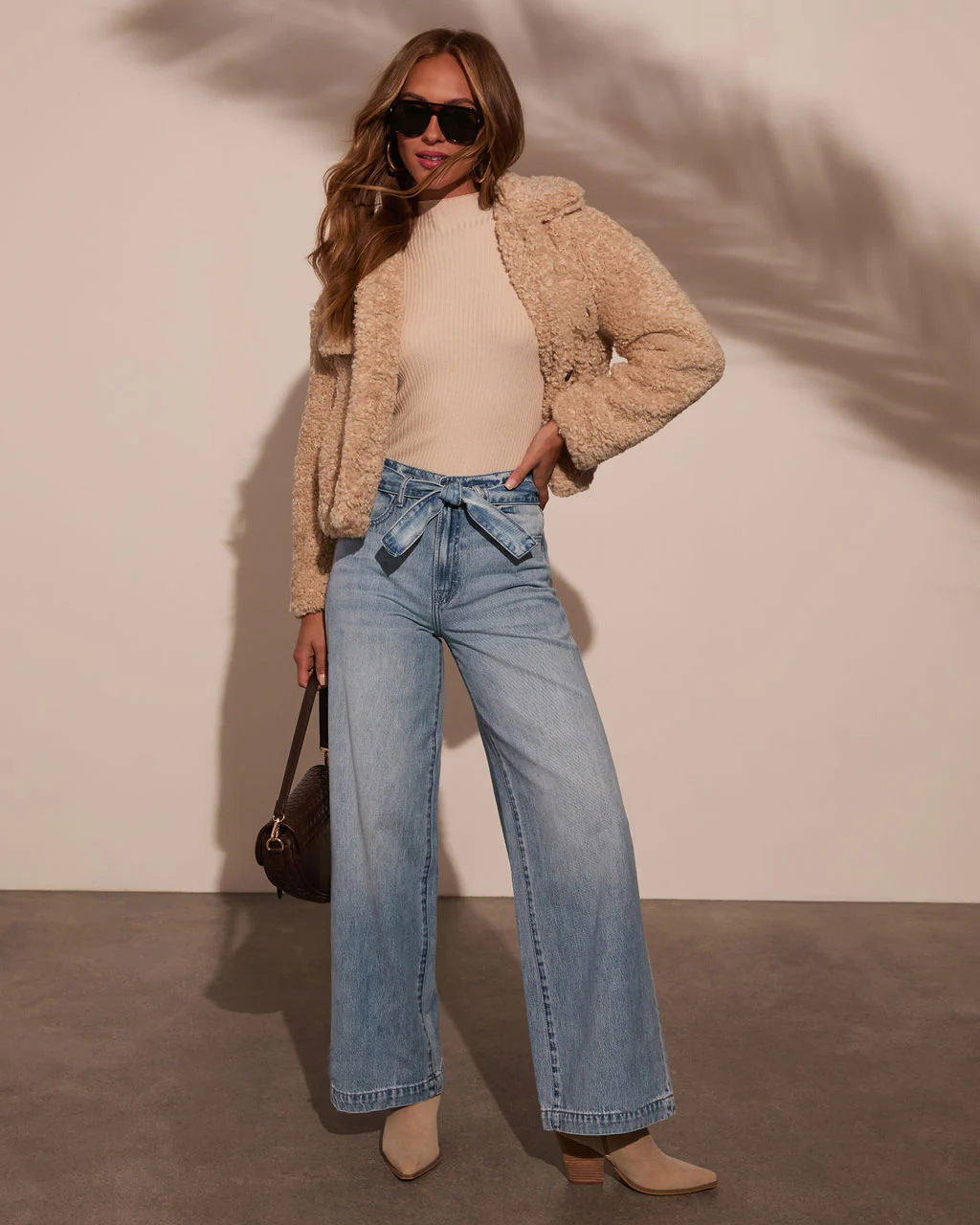 Washed Straight Leg String Tie Loose Jeans