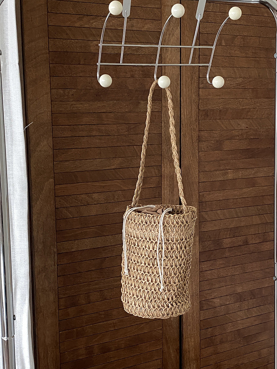 Solid Color Braided Bucket Shoulder Bag