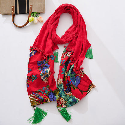 Ethnic Scarf Ladies Retro Tibetan Style Stitching Tassel Spring And Autumn Cotton And Linen Red Scarf Shawl