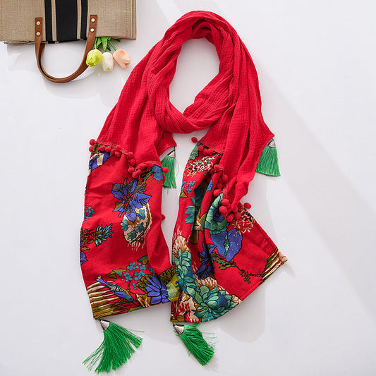 Ethnic Scarf Ladies Retro Tibetan Style Stitching Tassel Spring And Autumn Cotton And Linen Red Scarf Shawl