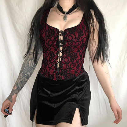 Lace-Up Corset-Style Top with Red Contrast - Edgy Streetwear