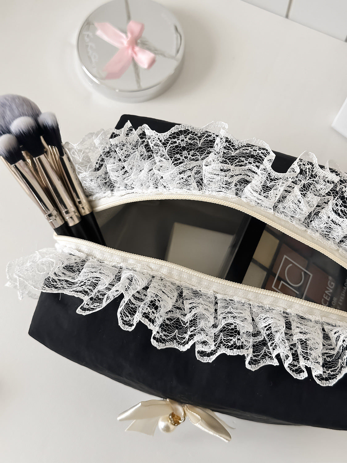 Elegant Black Lace Trim Storage Bag with Bow