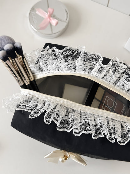 Elegant Black Lace Trim Storage Bag with Bow