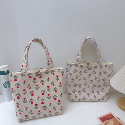 Floral Corduroy Tote Bag Stylish Casual Lunch Bag